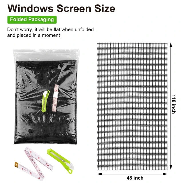 Alt view image 3 of 7 - Replacement Window Screens Kit, 48X118 Inch Durable Window Screen Mesh for Patio Porch Door Windows, DIY Adjustable Fiberglass Screen Repair Kit with Rolling Tool Hook Ruler Cutter Spline