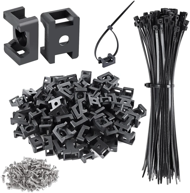 Main image of 100 Pcs Cable Zip Tie Saddle Type Mounts Base with 100 Pcs 8" Cable Ties and 100 Pcs Tapping Screw, Wire Cable Clips Organizer Holders Clamps Black