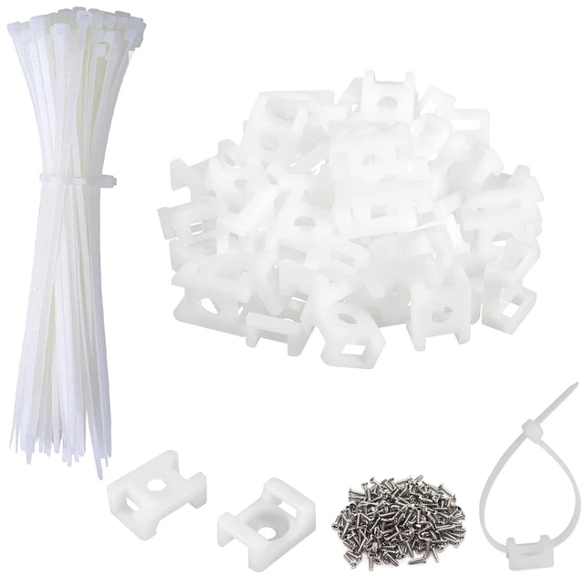 Main image of 60 Set White Cable Zip Tie Mounts Kit Wire Clips Organizer Holders Clamps with 0.9Inch Saddle Type Mounts Base with 8" Ties and Tapping Screw