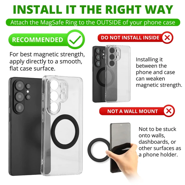 Alt view image 3 of 7 - Ultra Strong 3000Gs Magnetic Ring Sticker, MagSafe Compatible, Black, 1 Pc | Apply outside flat PC or smooth TPU phone cases only. For MagSafe-compatible wallets, grips, stands and car mounts
