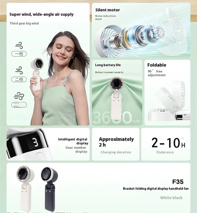 Alt view image 2 of 4 - Portable Handheld Turbo Fan with Digital Display, Up to 12 Working Hours USB Rechargeable 3-in-1 Mini Hand Held Personal Fan for Travel, Makeup, Outdoor, Indoor (Black)
