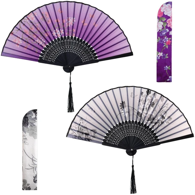 Main image of 2 Pcs Handheld Folding Fans with Tassel Chinese Folding Fan for Women Silk Bamboo Hand Held Fan with Fabric Sleeve for Dancing Wedding Decoration