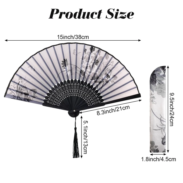 Alt view image 2 of 7 - 2 Pcs Handheld Folding Fans with Tassel Chinese Folding Fan for Women Silk Bamboo Hand Held Fan with Fabric Sleeve for Dancing Wedding Decoration