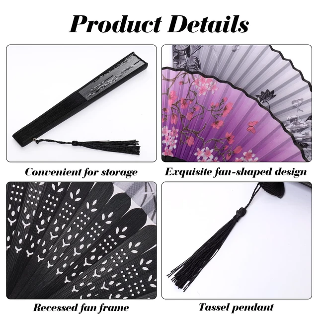 Alt view image 3 of 7 - 2 Pcs Handheld Folding Fans with Tassel Chinese Folding Fan for Women Silk Bamboo Hand Held Fan with Fabric Sleeve for Dancing Wedding Decoration