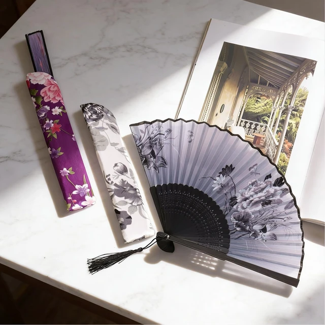 Alt view image 4 of 7 - 2 Pcs Handheld Folding Fans with Tassel Chinese Folding Fan for Women Silk Bamboo Hand Held Fan with Fabric Sleeve for Dancing Wedding Decoration