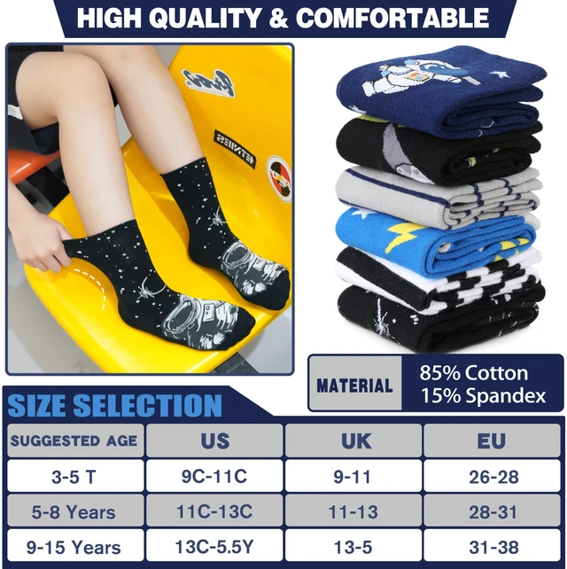 Alt view image 3 of 6 - Kids Boys Fun Dress Cotton Crew Socks Funny Crazy Cartoon Cute Novelty Space Gifts Cotton Crew Dress Socks Stocking Stuffers 6 Pairs(Space,5-8 Years)
