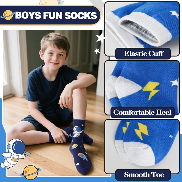 Alt view image 2 of 6 - Kids Boys Fun Dress Cotton Crew Socks Funny Crazy Cartoon Cute Novelty Space Gifts Cotton Crew Dress Socks Stocking Stuffers 6 Pairs(Space,5-8 Years)
