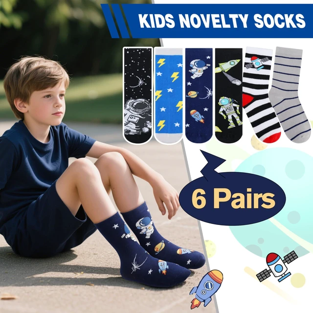 Alt view image 4 of 6 - Kids Boys Fun Dress Cotton Crew Socks Funny Crazy Cartoon Cute Novelty Space Gifts Cotton Crew Dress Socks Stocking Stuffers 6 Pairs(Space,5-8 Years)