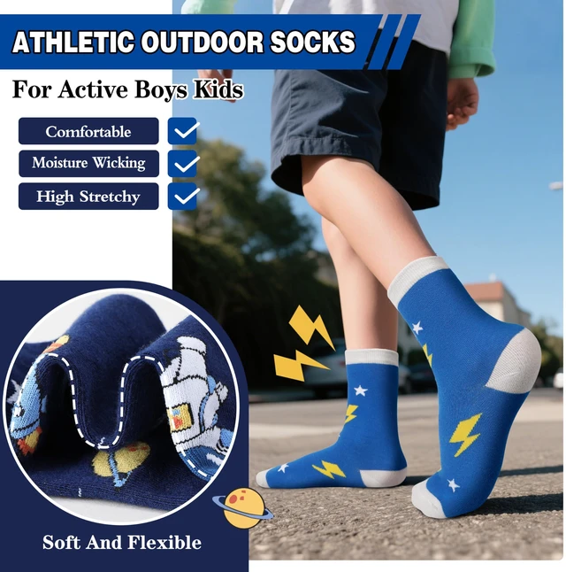 Alt view image 5 of 6 - Kids Boys Fun Dress Cotton Crew Socks Funny Crazy Cartoon Cute Novelty Space Gifts Cotton Crew Dress Socks Stocking Stuffers 6 Pairs(Space,5-8 Years)