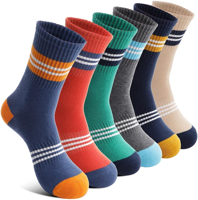 Main image of Kids Boys Socks Athletic Sport Crew Cotton Breathable Soft Gift Socks 6 Pairs Stocking Stuffers (Thin Strips,5-8Y)