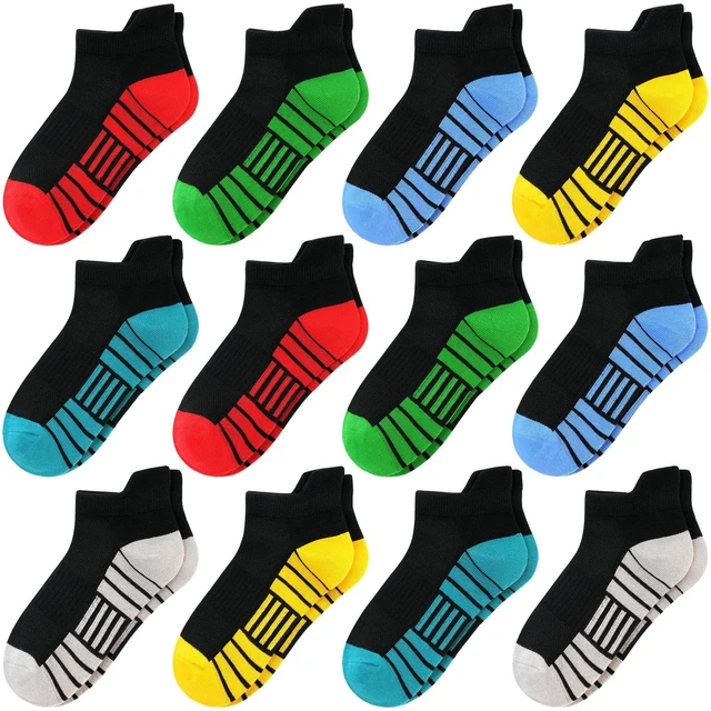 Main image of 12 Pairs Boys Socks, Kids Athletic Socks with Tab (7-10 Years) | Soft Cotton, Ankle Design, Arch Support, Breathable, School, Running, Sports, Color Blocking