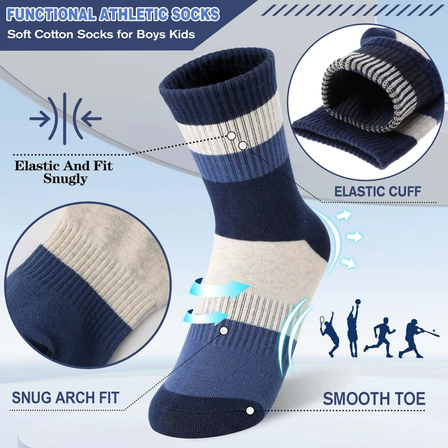 Alt view image 3 of 6 - Boys Kids Socks Athletic Basketball Sport Youth Crew Cotton Breathable Outdoor Socks 6 Pairs(Blue Stripes Series,9-15 Years)