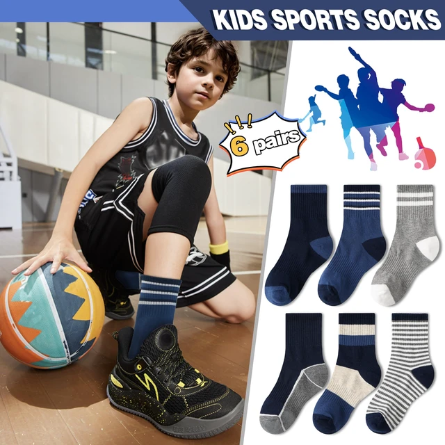 Alt view image 2 of 6 - Boys Kids Socks Athletic Basketball Sport Youth Crew Cotton Breathable Outdoor Socks 6 Pairs(Blue Stripes Series,9-15 Years)
