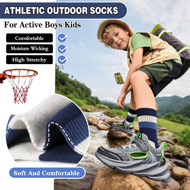 Alt view image 5 of 6 - Boys Kids Socks Athletic Basketball Sport Youth Crew Cotton Breathable Outdoor Socks 6 Pairs(Blue Stripes Series,9-15 Years)