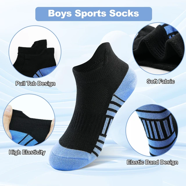Alt view image 3 of 7 - 12 Pairs Boys Socks Kids Athletic Ankle Socks for Toddler 7-10Y | 75% cotton breathable mesh, reinforced heel & toe, heel pull loop, school sports daily,color-blocked spliced design