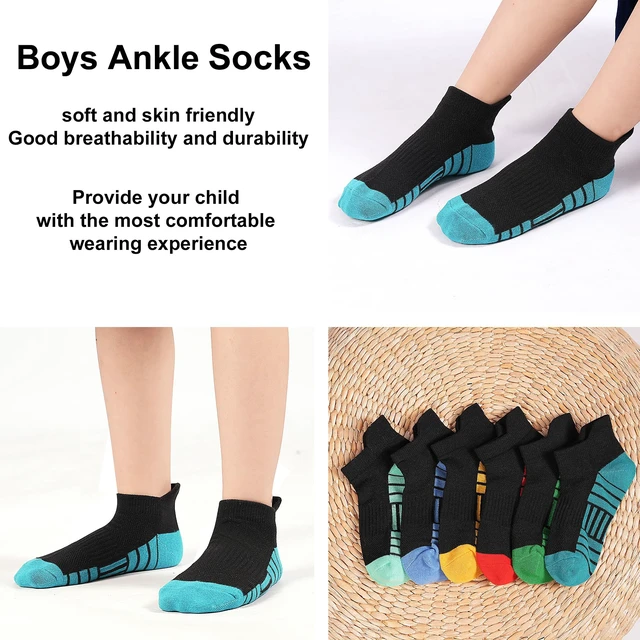 Alt view image 5 of 7 - 12 Pairs Boys Socks Kids Athletic Ankle Socks for Toddler 7-10Y | 75% cotton breathable mesh, reinforced heel & toe, heel pull loop, school sports daily,color-blocked spliced design