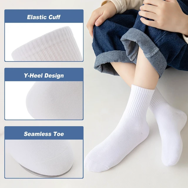 Alt view image 5 of 6 - Kids Athletic Socks, 6 Pairs Boys Girls White Cotton Crew Sock | Running School Uniform Socks for 6-8 8-10 10-12 Years Old Boys Girls, Soft and Breathable, Elastic Stretch, Smooth Toe