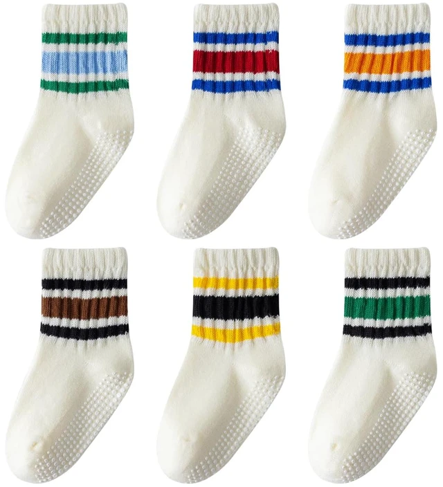 Main image of Toddler Grip Socks with Non-Slip Unisex Baby Stripe Crew Cotton Socks | Retro Seamless Ankle Socks for Girls Boys 6 Pairs,Colorful-1 3-5T