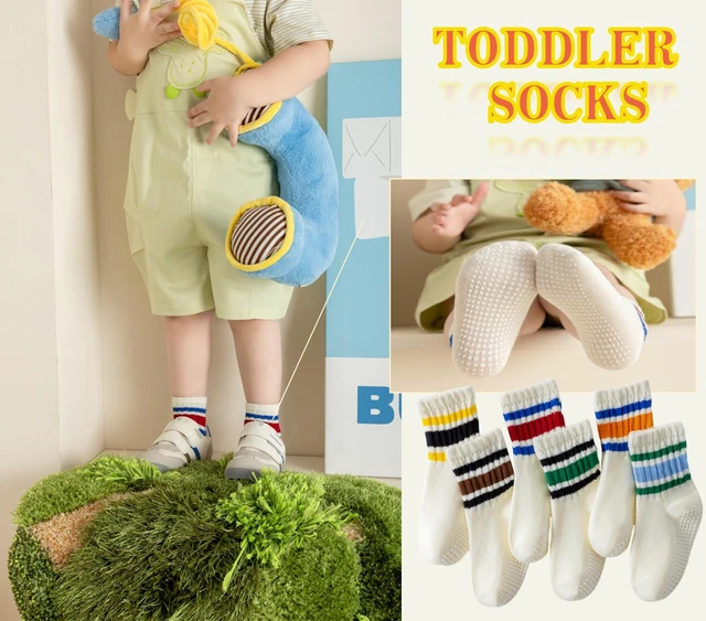 Alt view image 3 of 6 - Toddler Grip Socks with Non-Slip Unisex Baby Stripe Crew Cotton Socks | Retro Seamless Ankle Socks for Girls Boys 6 Pairs,Colorful-1 3-5T