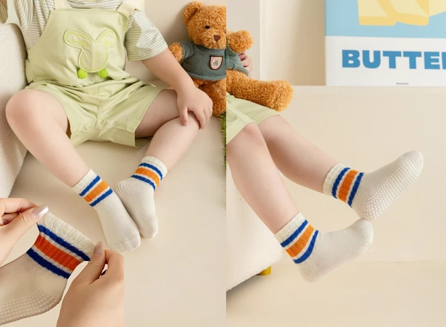 Alt view image 4 of 6 - Toddler Grip Socks with Non-Slip Unisex Baby Stripe Crew Cotton Socks | Retro Seamless Ankle Socks for Girls Boys 6 Pairs,Colorful-1 3-5T