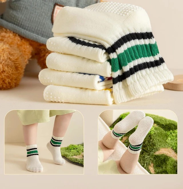 Alt view image 6 of 6 - Toddler Grip Socks with Non-Slip Unisex Baby Stripe Crew Cotton Socks | Retro Seamless Ankle Socks for Girls Boys 6 Pairs,Colorful-1 3-5T