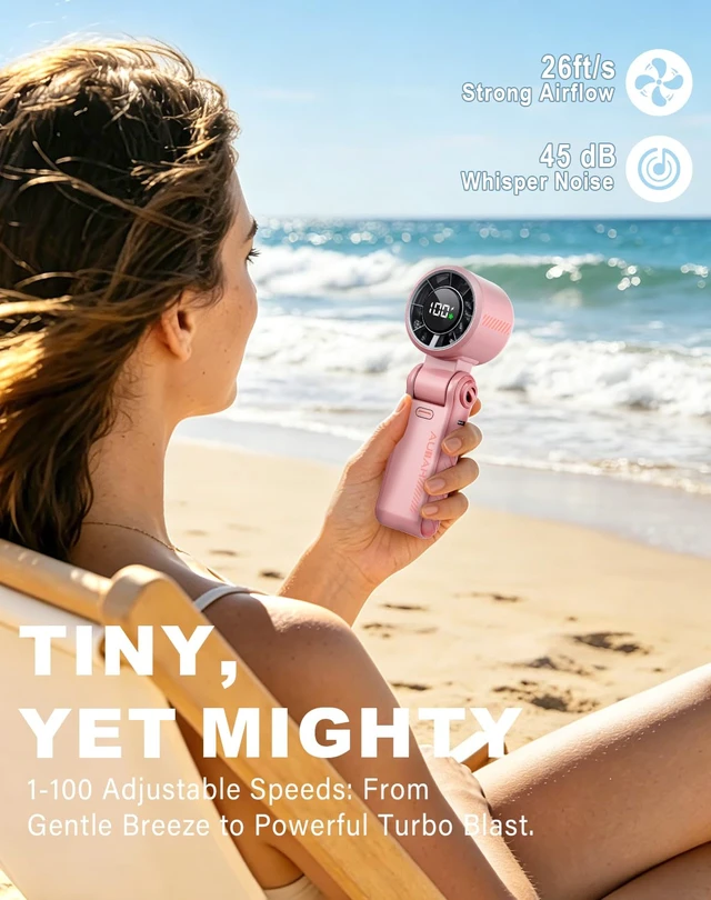 Alt view image 2 of 7 - Portable Handheld Turbo Fan - 5 Speed Mini Personal Fan with Strong Airflow, Foldable 3 in 1 Rechargeable Battery Operated Trave Essentials Hand Fans for Indoor/Outdoor Use, Pink