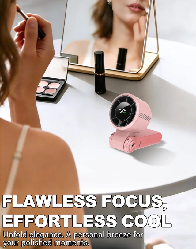 Alt view image 4 of 7 - Portable Handheld Turbo Fan - 5 Speed Mini Personal Fan with Strong Airflow, Foldable 3 in 1 Rechargeable Battery Operated Trave Essentials Hand Fans for Indoor/Outdoor Use, Pink