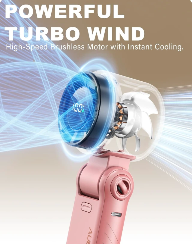 Alt view image 6 of 7 - Portable Handheld Turbo Fan - 5 Speed Mini Personal Fan with Strong Airflow, Foldable 3 in 1 Rechargeable Battery Operated Trave Essentials Hand Fans for Indoor/Outdoor Use, Pink