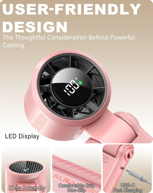 Alt view image 7 of 7 - Portable Handheld Turbo Fan - 5 Speed Mini Personal Fan with Strong Airflow, Foldable 3 in 1 Rechargeable Battery Operated Trave Essentials Hand Fans for Indoor/Outdoor Use, Pink