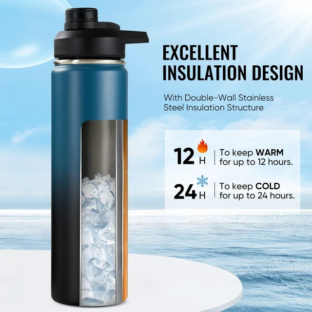 Alt view image 2 of 7 - Insulated Water Bottle with Handle, 304 Stainless Steel Water Bottles with Wide Mouth, Double Wall Vacuum Sports Water Bottle, BPA Free, Keep Cold and Hot, 24 Ounces, Blue&Black