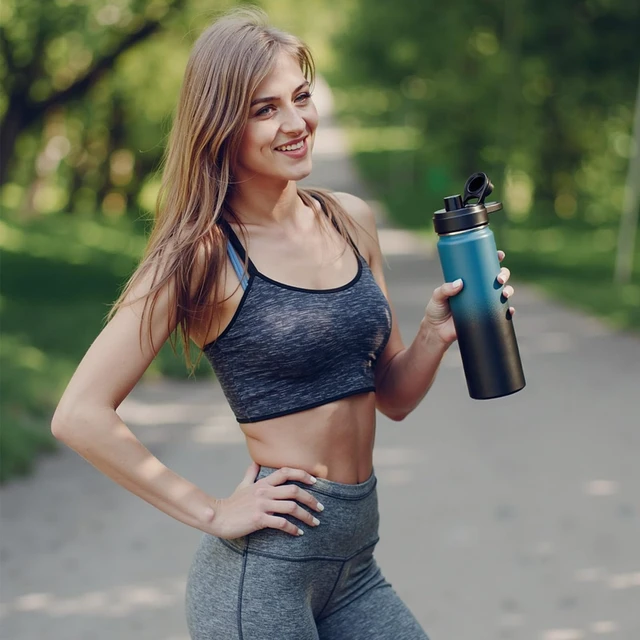 Alt view image 6 of 7 - Insulated Water Bottle with Handle, 304 Stainless Steel Water Bottles with Wide Mouth, Double Wall Vacuum Sports Water Bottle, BPA Free, Keep Cold and Hot, 24 Ounces, Blue&Black