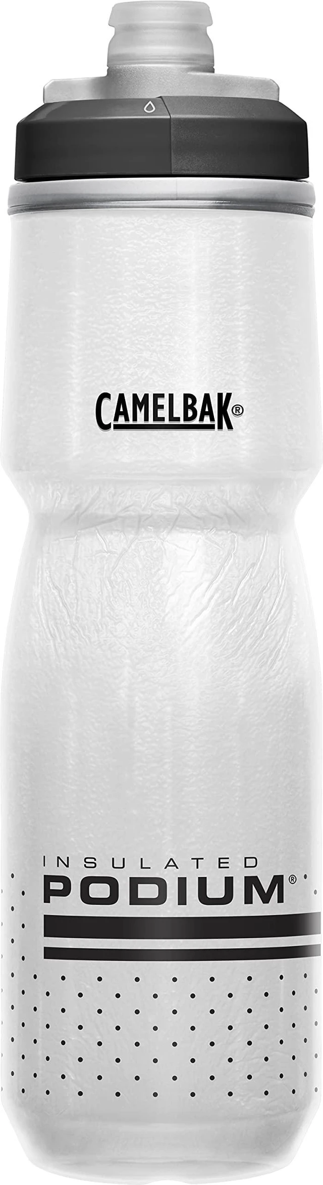 Main image of Podium Chill Outdoor Water Bottle 24oz, White/Black | Easy Squeeze Design, Double Wall Insulation, High Flow Self Sealing Cap, Secure Bike Cage Fit, Durable Cycling Bottle