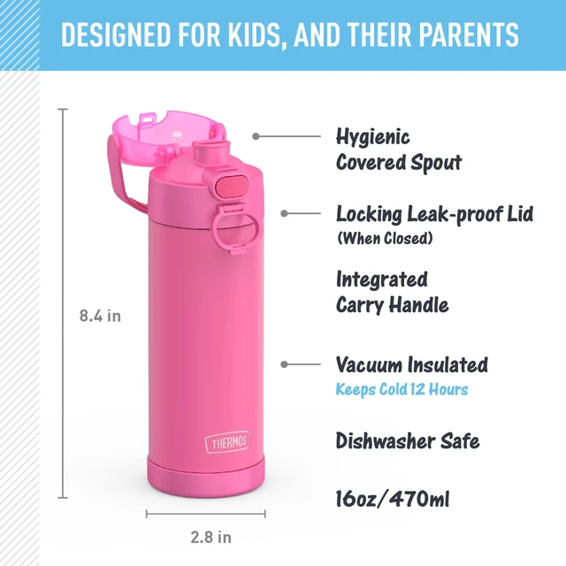 Alt view image 2 of 7 - FUNTAINER Water Bottle with Spout, 16oz, Neon Pink | Kids Stainless Steel Insulated Water Bottle, Keeps Drinks Cold Longer for School & Play, BPA-Free