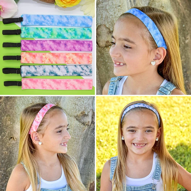 Alt view image 6 of 7 - Headbands for Girls - 6 Adjustable No Slip Head Bands for Kids, Athletic Sport Hair Bands for Women, Stretch Elastic Headband, Fabric Hair Accessories for Children (Tie Dye 2)