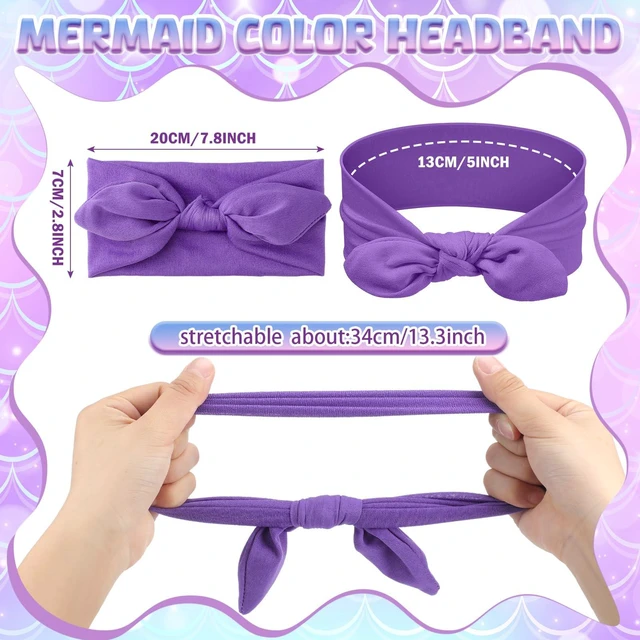 Alt view image 2 of 6 - 12 Pack Girls Headbands, Rabbit Ear Bow Hairbands | Cute Toddler Headbands Bulk, Mermaid Color, Stretchy Wide Cloth Hair Accessories, for Kids Birthday Party Favors, Gifts