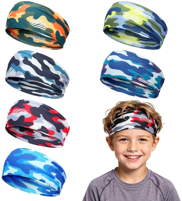 Main image of 6Pcs Breathable Kids Sweat Bands for Ages 4-10 Boys Girls, Camouflage | Sweat Absorption, Soft, Elastic Wicking Head Bands, Sports Accessories for Football, Soccer, Basketball, Baseball, Running