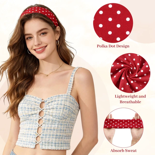 Alt view image 3 of 7 - 8 Pack Vintage Polka Dot Headbands for Women Elastic Non-Slip | Soft Stretch Fabric, Breathable Moisture-Wicking, Sweatbands for Yoga Tennis Running, Fits Most Head Sizes, No Pressure Marks