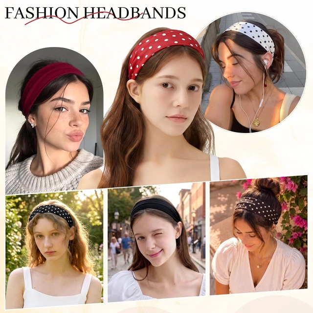 Alt view image 6 of 7 - 8 Pack Vintage Polka Dot Headbands for Women Elastic Non-Slip | Soft Stretch Fabric, Breathable Moisture-Wicking, Sweatbands for Yoga Tennis Running, Fits Most Head Sizes, No Pressure Marks