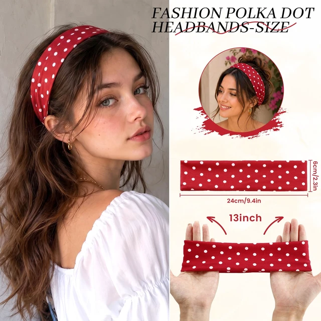 Alt view image 2 of 7 - 8 Pack Vintage Polka Dot Headbands for Women Elastic Non-Slip | Soft Stretch Fabric, Breathable Moisture-Wicking, Sweatbands for Yoga Tennis Running, Fits Most Head Sizes, No Pressure Marks