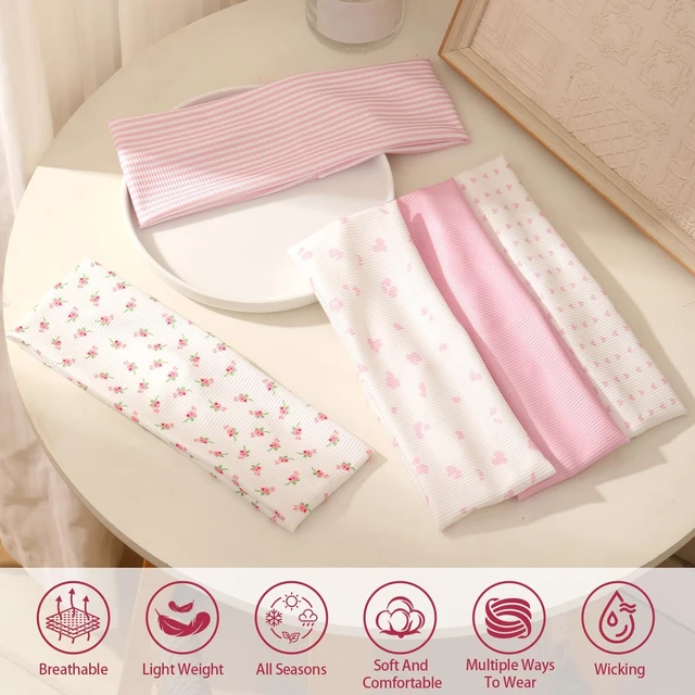 Alt view image 7 of 7 - 5 Pack Pink Headband for Women Non Slip, Cute Headbands for Girls | Breathable patterned fabric, stretch fit, floral design, ideal for yoga, workouts, daily outfits and hairstyles