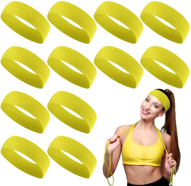 Main image of 12 Pack Sport Headbands Elastic Sweatbands for Women, Bright Yellow | Soft Fabric Hair Bands, Non-slip Design for Gym Running Workouts Exercise, Sublimation Ready, Ideal Girls Sports Daily Use