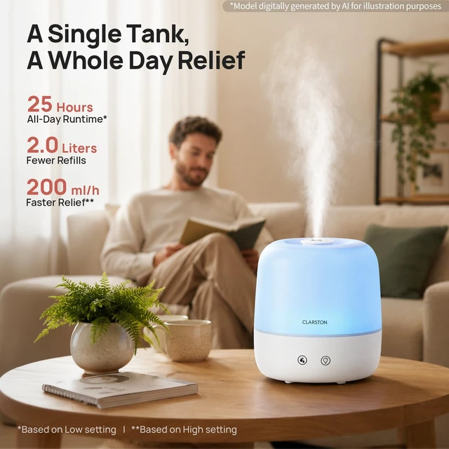 Alt view image 2 of 7 - Humidifiers for Bedroom, 2L Cool Mist Humidifier, 24dB Quiet Sleep | 25H Runtime, Easy to Top Fill & Clean, Humidification for Baby Nursery & Plant, 360° Nozzle for Large Room, Nightlight,No BPA