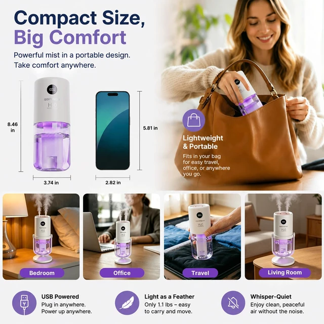 Alt view image 2 of 7 - Dual Mist Portable Humidifier, Small Air Humidifiers, Porcelain White | for Bedroom, Plants, Office, Travel - Cool Mist Humidifiers, 2 Mist Settings, all ages to relieve dry skin and sore throat