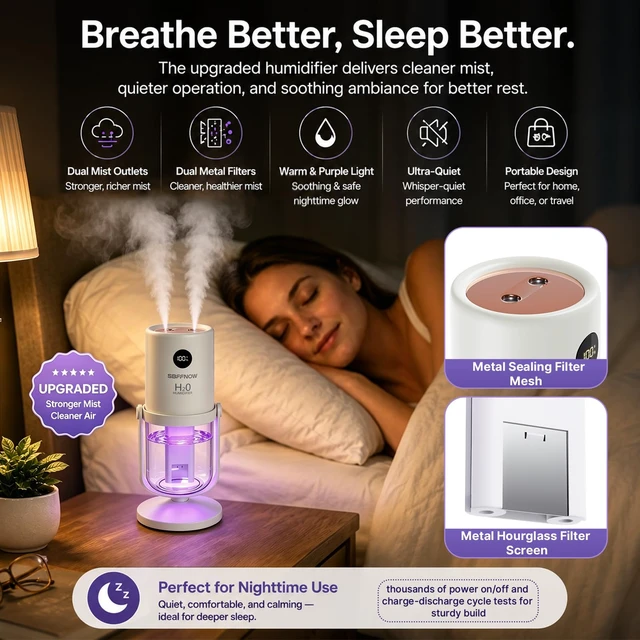 Alt view image 4 of 7 - Dual Mist Portable Humidifier, Small Air Humidifiers, Porcelain White | for Bedroom, Plants, Office, Travel - Cool Mist Humidifiers, 2 Mist Settings, all ages to relieve dry skin and sore throat