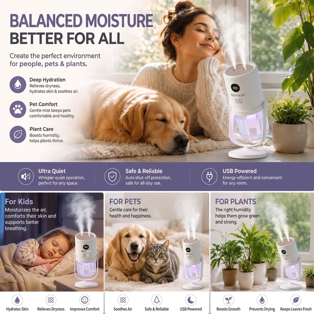 Alt view image 5 of 7 - Dual Mist Portable Humidifier, Small Air Humidifiers, Porcelain White | for Bedroom, Plants, Office, Travel - Cool Mist Humidifiers, 2 Mist Settings, all ages to relieve dry skin and sore throat