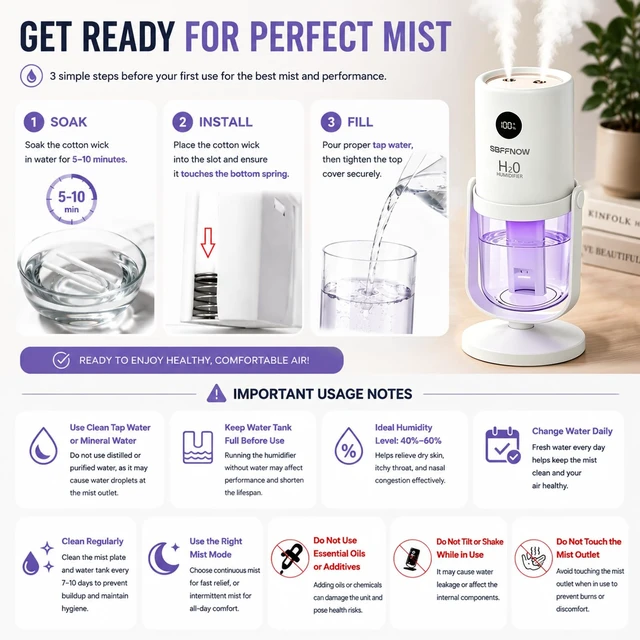 Alt view image 6 of 7 - Dual Mist Portable Humidifier, Small Air Humidifiers, Porcelain White | for Bedroom, Plants, Office, Travel - Cool Mist Humidifiers, 2 Mist Settings, all ages to relieve dry skin and sore throat