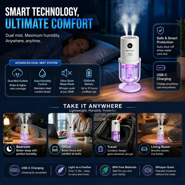 Alt view image 7 of 7 - Dual Mist Portable Humidifier, Small Air Humidifiers, Porcelain White | for Bedroom, Plants, Office, Travel - Cool Mist Humidifiers, 2 Mist Settings, all ages to relieve dry skin and sore throat