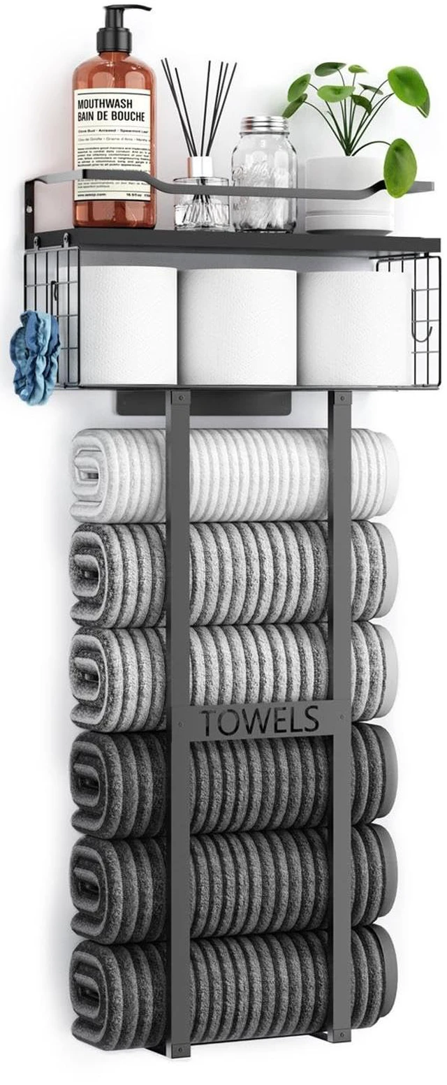 Main image of Towel Racks for Bathroom 31inch Wall Mounted Towel Rack,Floating Shelf with Wood Plank,Towel Storage for Bathroom can Holds 6 Large Rolled Towels,All Black
