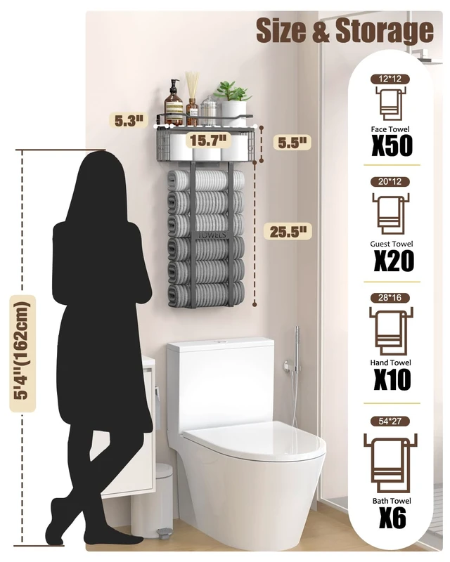 Alt view image 2 of 7 - Towel Racks for Bathroom 31inch Wall Mounted Towel Rack,Floating Shelf with Wood Plank,Towel Storage for Bathroom can Holds 6 Large Rolled Towels,All Black