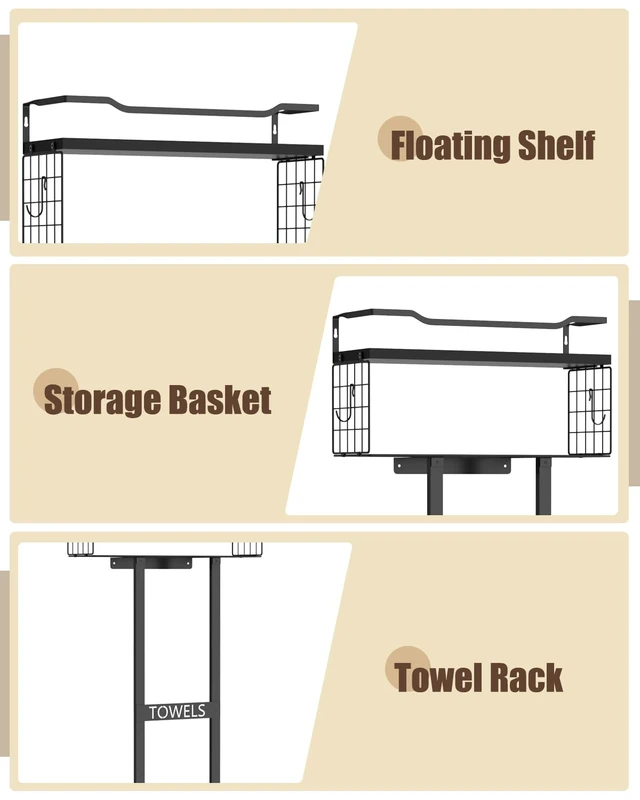 Alt view image 3 of 7 - Towel Racks for Bathroom 31inch Wall Mounted Towel Rack,Floating Shelf with Wood Plank,Towel Storage for Bathroom can Holds 6 Large Rolled Towels,All Black